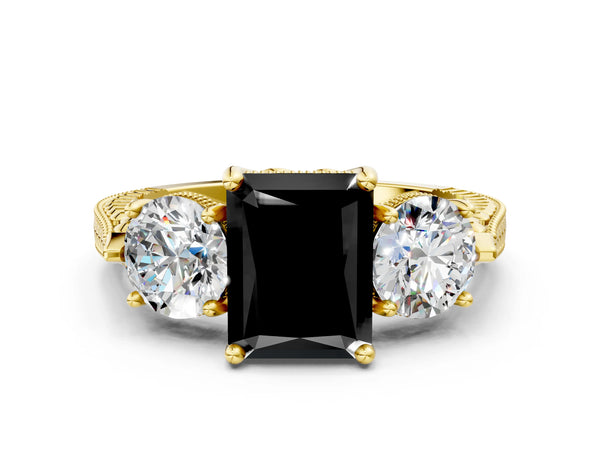 Yellow Gold Radiant Cut Vintage Three Stone Engagement Ring Setting for Black Center