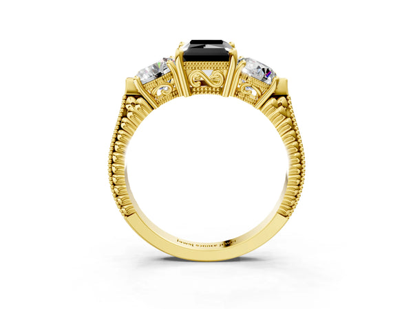 Yellow Gold Radiant Cut Vintage Three Stone Engagement Ring Setting for Black Center