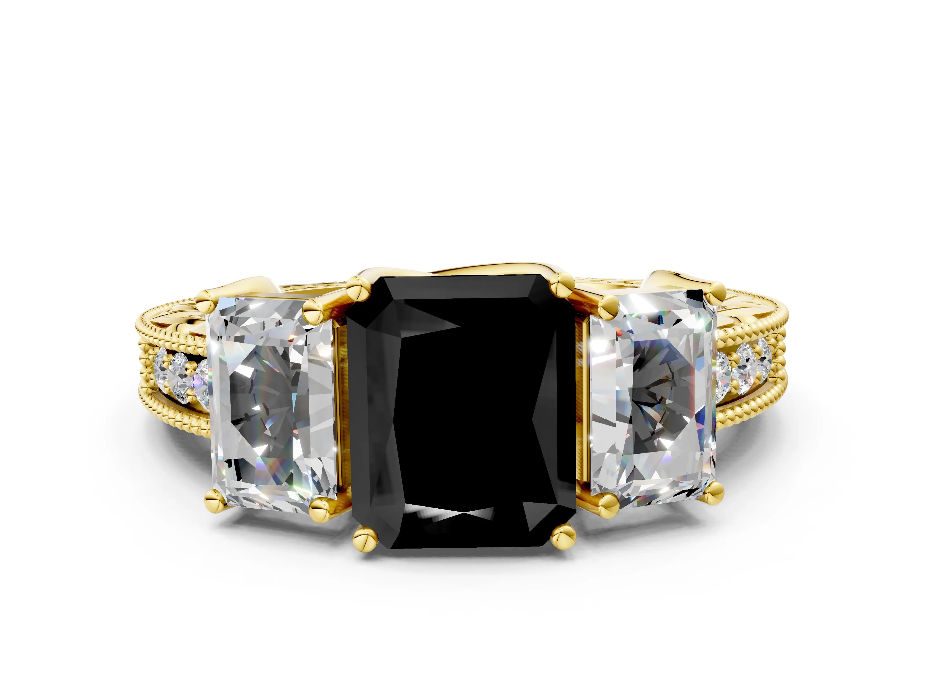 Yellow gold Three-Stone Fancy Black Radiant Cut Cut Milgrain Pavé Engagement Ring