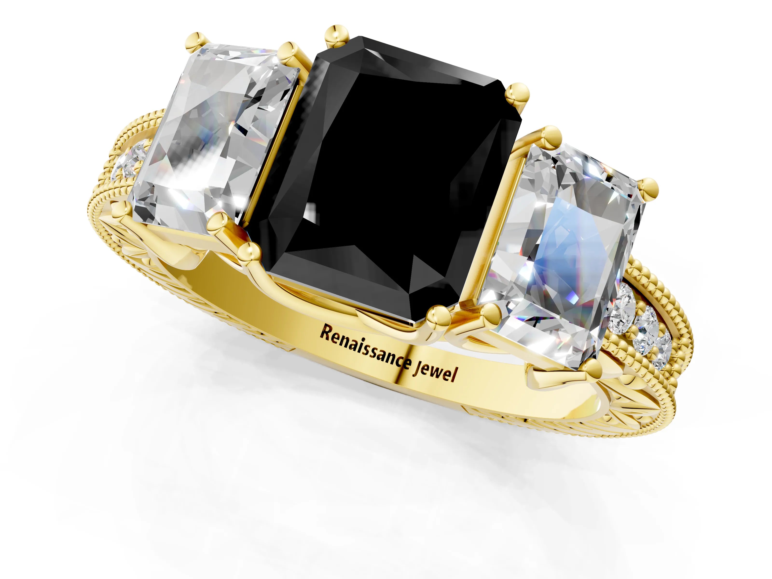 Yellow gold Three-Stone Fancy Black Radiant Cut Cut Milgrain Pavé Engagement Ring_1