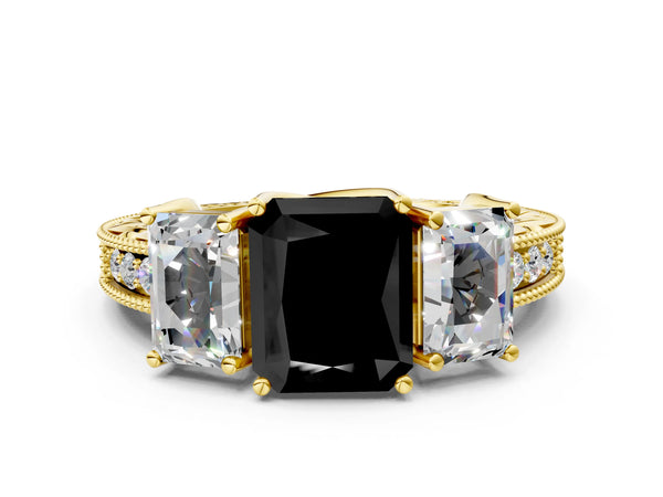 Yellow Gold Radiant Cut Engraved Three Stone Engagement Ring Setting for Black Center