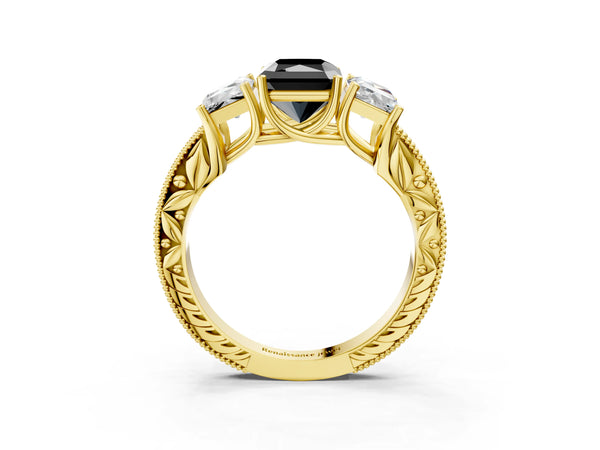Yellow Gold Radiant Cut Engraved Three Stone Engagement Ring Setting for Black Center