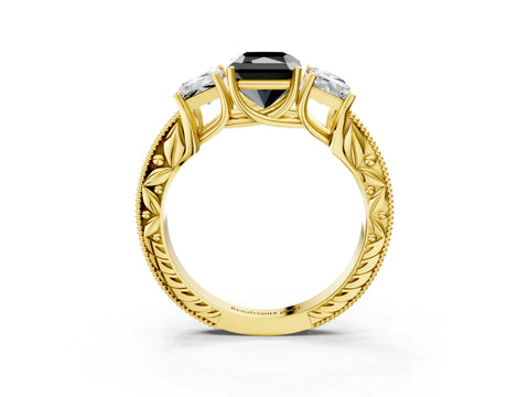 Yellow gold Three-Stone Fancy Black Radiant Cut Cut Milgrain Pavé Engagement Ring_15