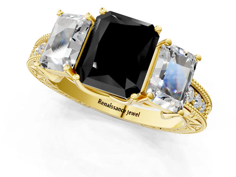 Yellow gold Three-Stone Fancy Black Radiant Cut Cut Milgrain Pavé Engagement Ring_1