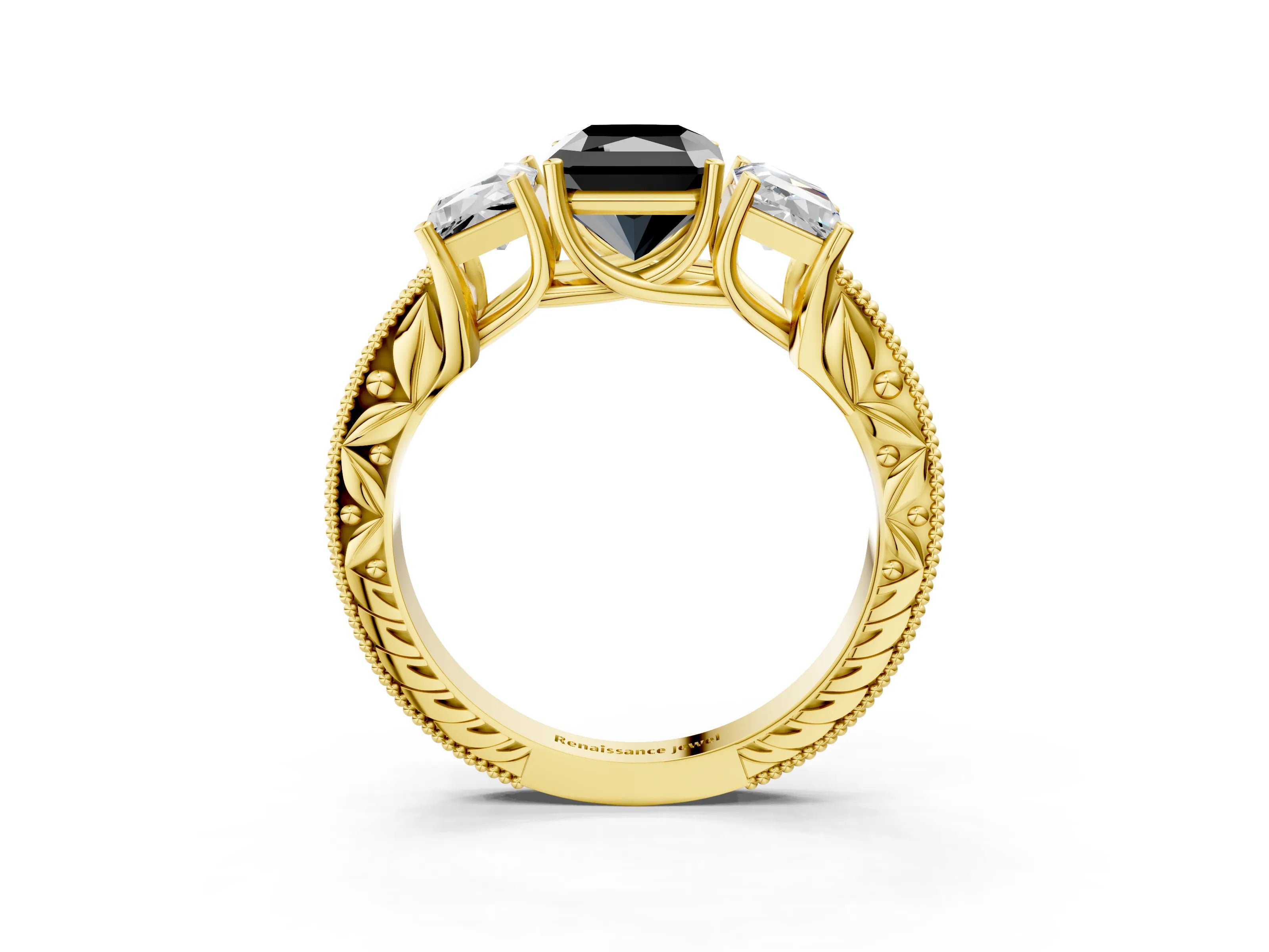 Yellow gold Three-Stone Fancy Black Radiant Cut Cut Milgrain Pavé Engagement Ring_3