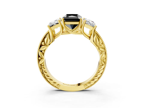 Yellow gold Three-Stone Fancy Black Radiant Cut Cut Milgrain Pavé Engagement Ring_3