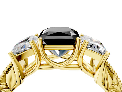 Yellow gold Three-Stone Fancy Black Radiant Cut Cut Milgrain Pavé Engagement Ring_4