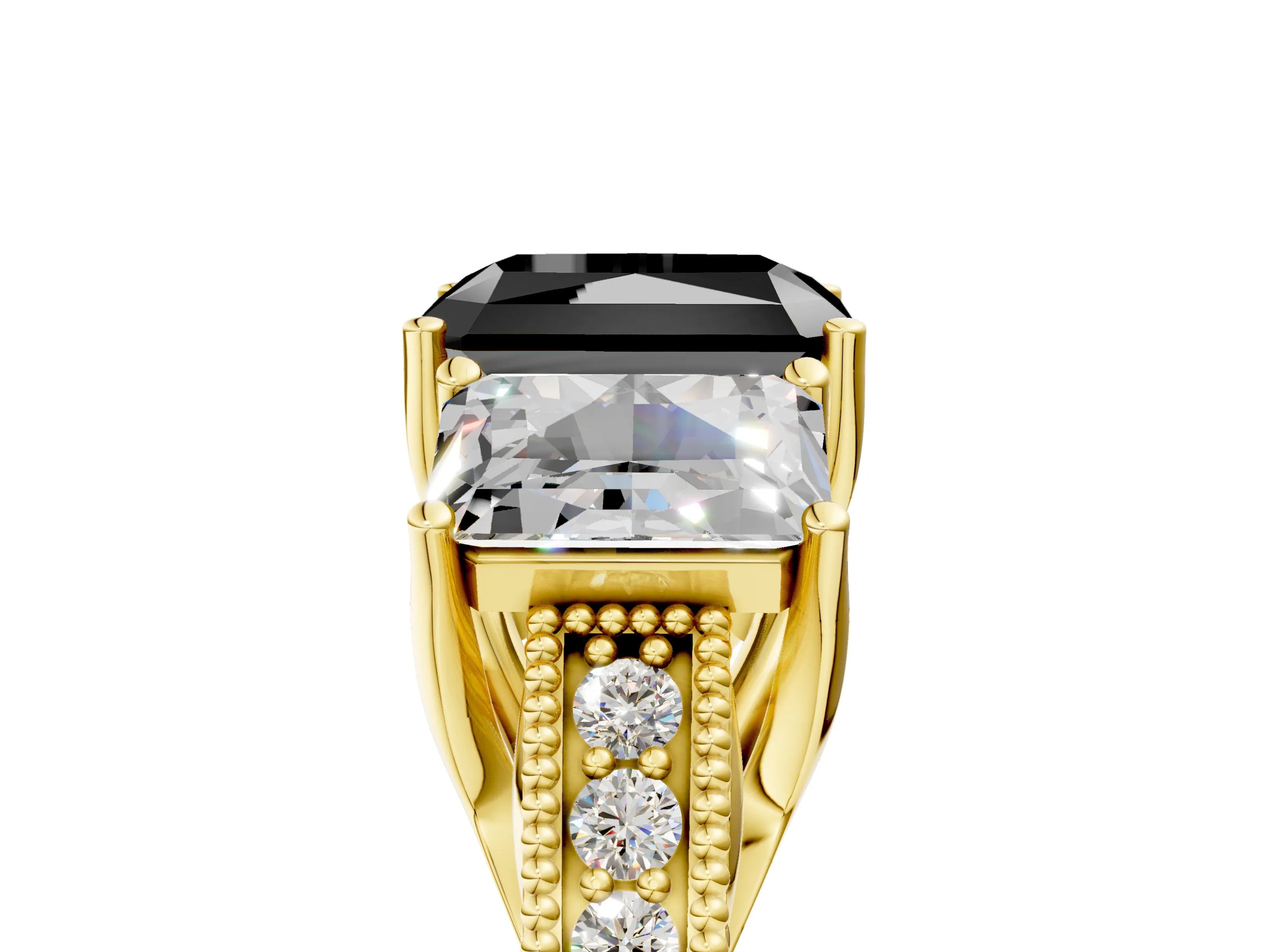 Yellow gold Three-Stone Fancy Black Radiant Cut Cut Milgrain Pavé Engagement Ring_5
