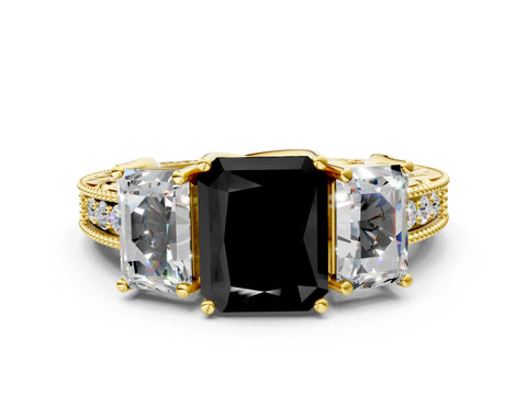 Yellow gold Three-Stone Fancy Black Radiant Cut Cut Milgrain Pavé Engagement Ring