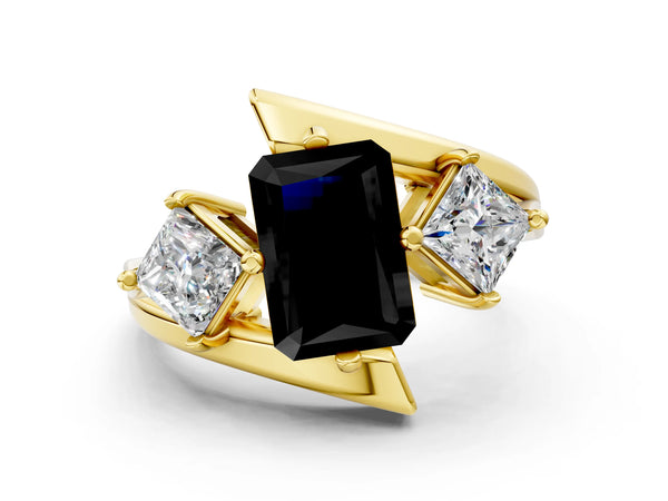 Yellow gold Three-Stone Fancy Black Radiant Cut Cut Tension Band Ring with Four-Prong Setting