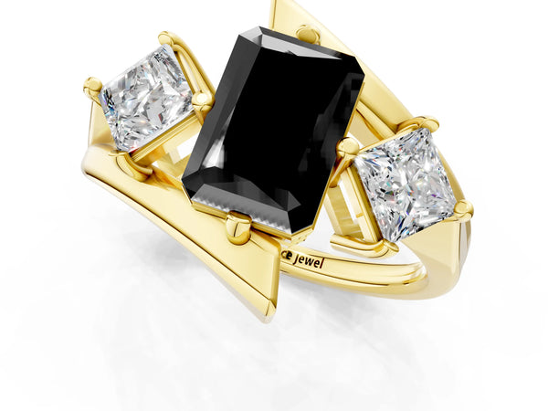 Yellow gold Three-Stone Fancy Black Radiant Cut Cut Tension Band Ring with Four-Prong Setting