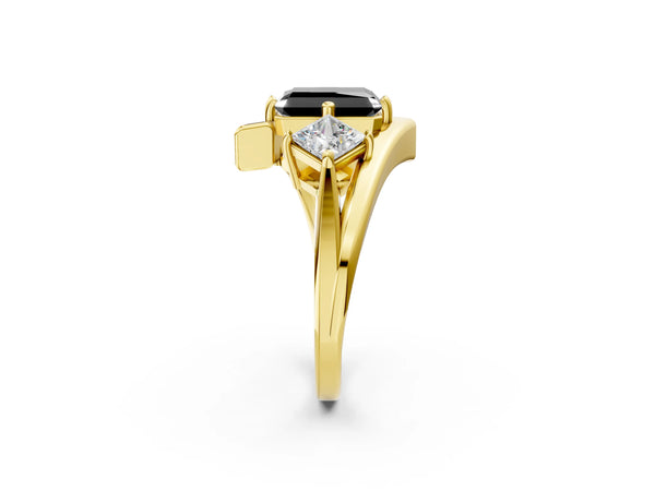 Yellow gold Three-Stone Fancy Black Radiant Cut Cut Tension Band Ring with Four-Prong Setting
