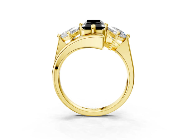 Yellow gold Three-Stone Fancy Black Radiant Cut Cut Tension Band Ring with Four-Prong Setting