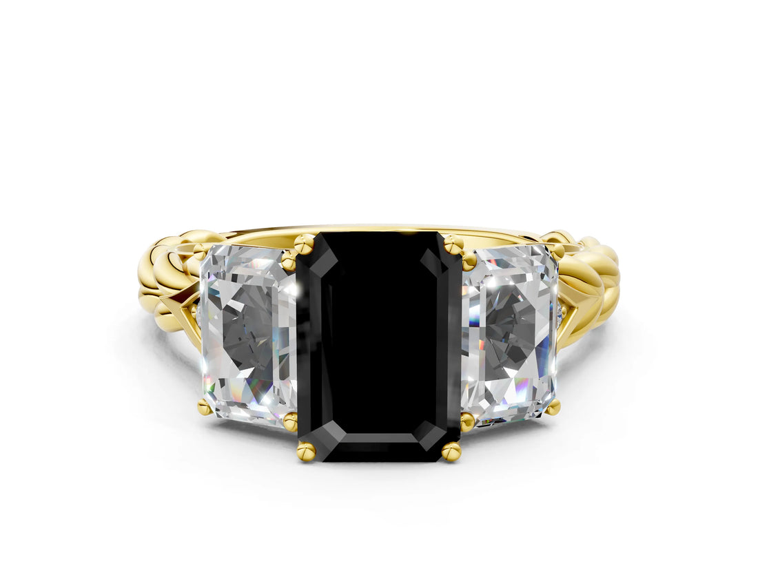 Yellow gold Three-Stone Fancy Black Radiant Cut Diamond Braided Band Ring with Four-Prong Setting_60