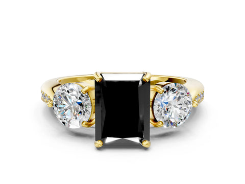Yellow gold Three-Stone Fancy Black Radiant Cut Diamond Channel Set Engagement Ring with Prong Setting