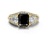 Yellow gold Three-Stone Fancy Black Radiant Cut Diamond Engagement Ring with Pave Band and Prong Setting