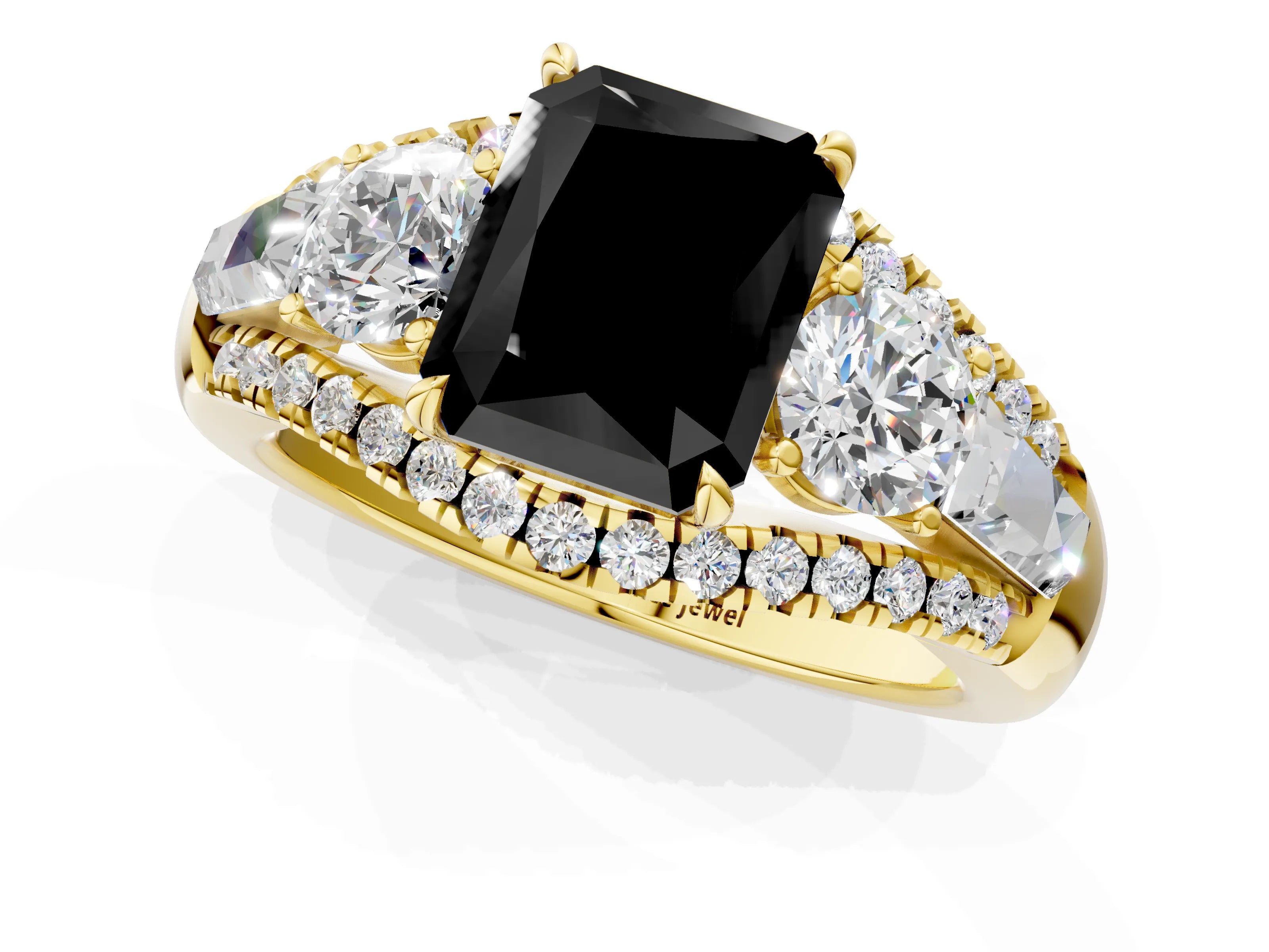 Yellow gold Three-Stone Fancy Black Radiant Cut Diamond Engagement Ring with Pave Band and Prong Setting_1