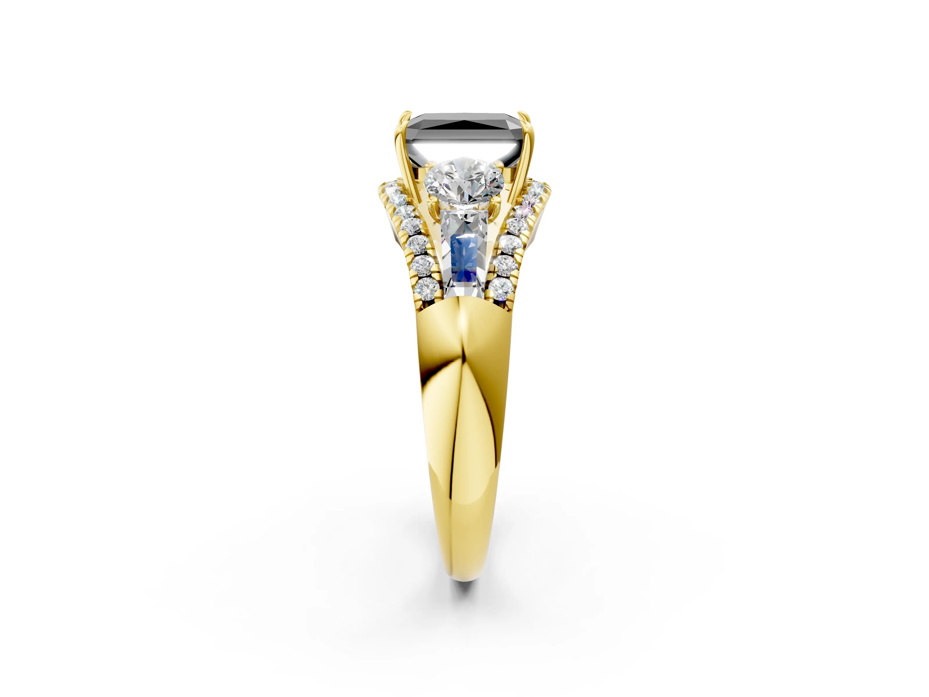 Yellow gold Three-Stone Fancy Black Radiant Cut Diamond Engagement Ring with Pave Band and Prong Setting_2