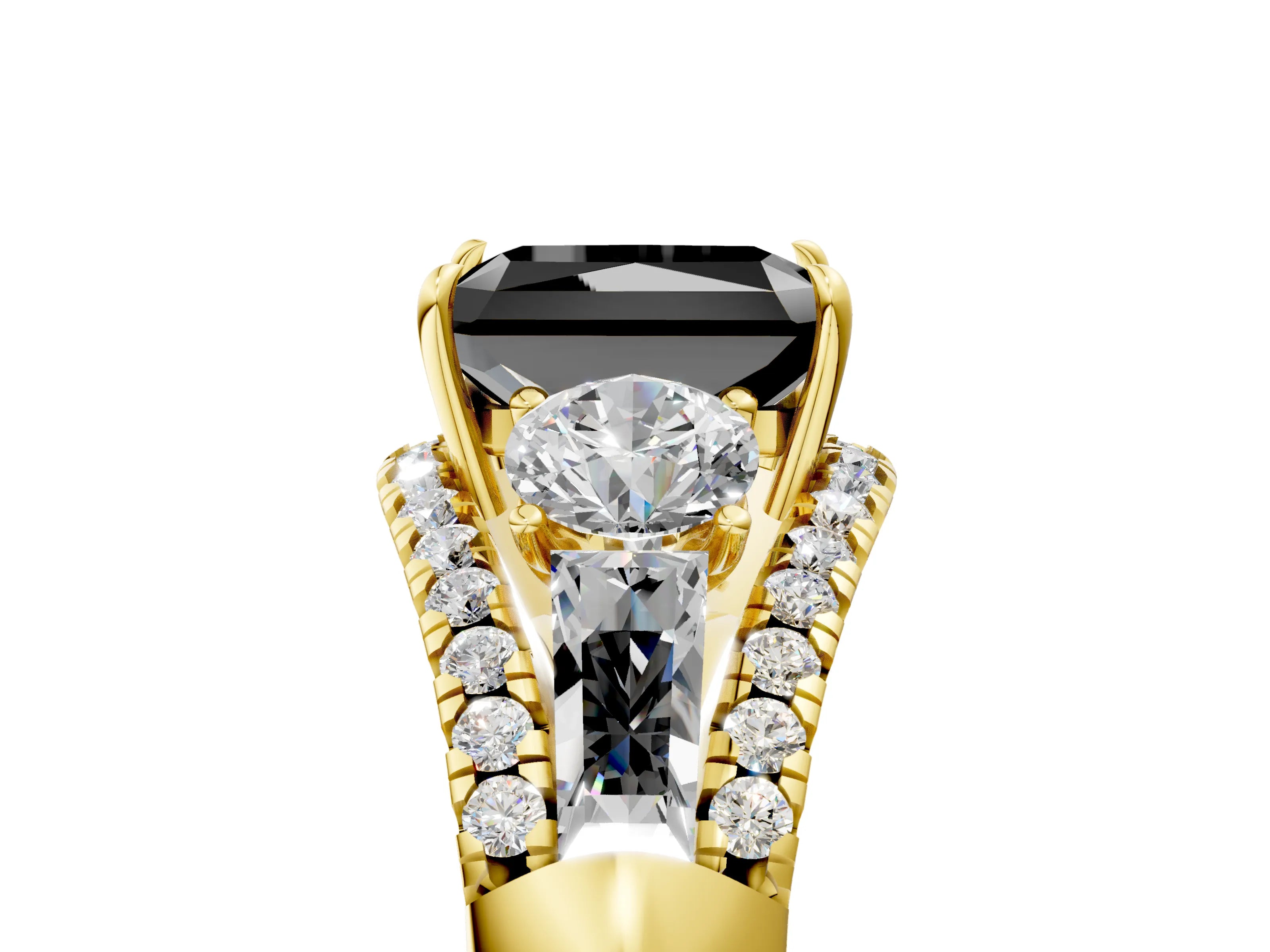 Yellow gold Three-Stone Fancy Black Radiant Cut Diamond Engagement Ring with Pave Band and Prong Setting_5