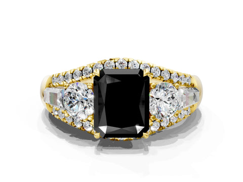 Yellow gold Three-Stone Fancy Black Radiant Cut Diamond Engagement Ring with Pave Band and Prong Setting
