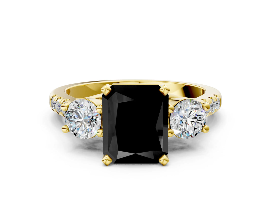 Yellow gold Three-Stone Fancy Black Radiant Cut Diamond Pavé Band with Four-Prong Setting