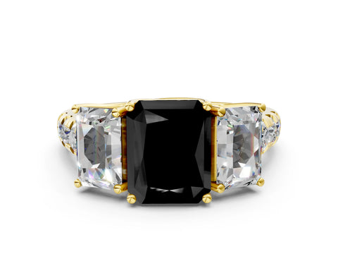 Yellow gold Three-Stone Fancy Black Radiant Cut Diamond Pavé Band with Prong Setting
