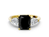 Yellow gold Three-Stone Fancy Black Radiant Cut Diamond Ring with Pear Side Stones and Four-Prong Setting