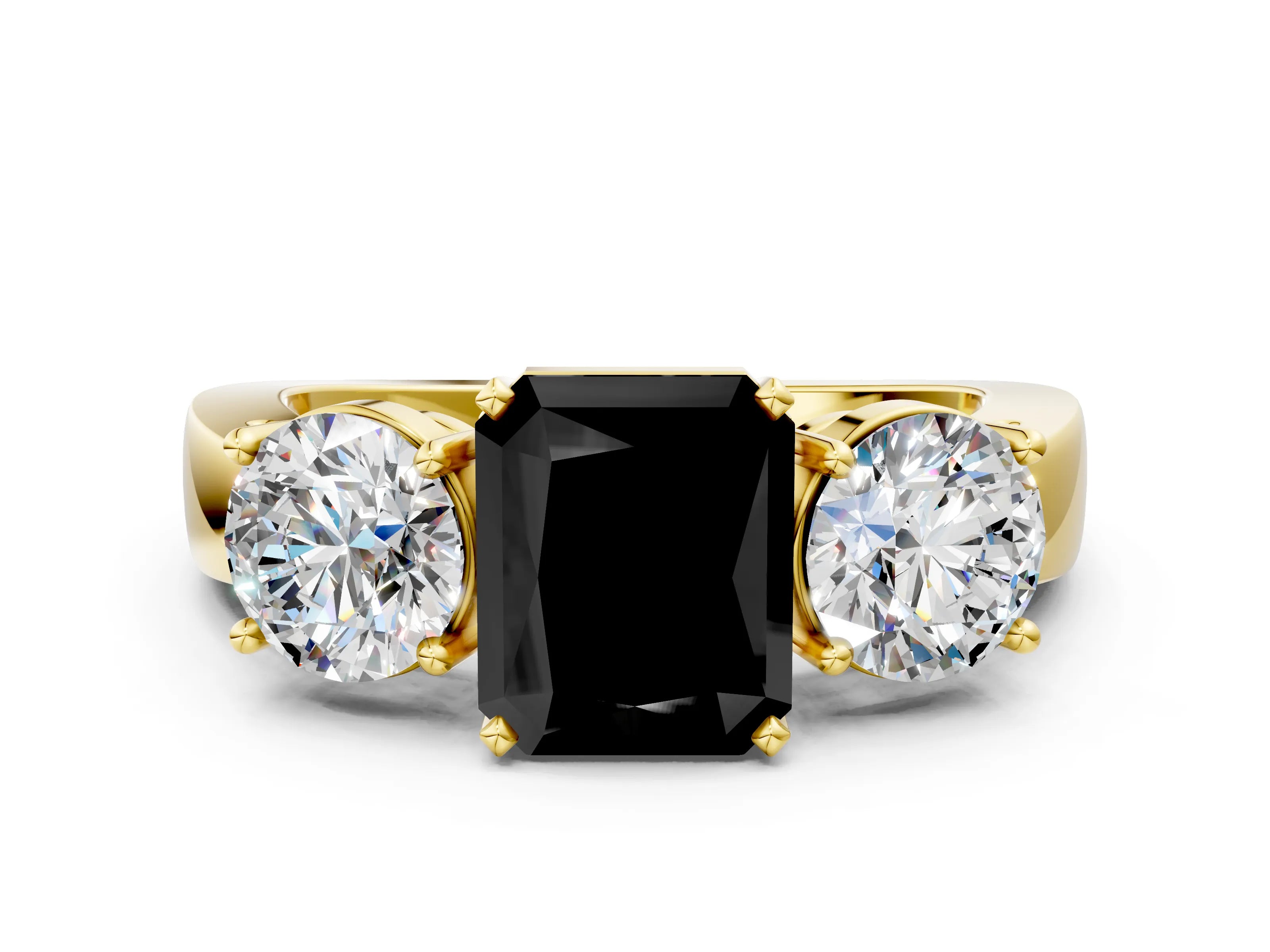 Yellow gold Three-Stone Fancy Black Radiant Cut Diamond Ring with Round Side Stones, Classic Band, and Four-Prong Setting