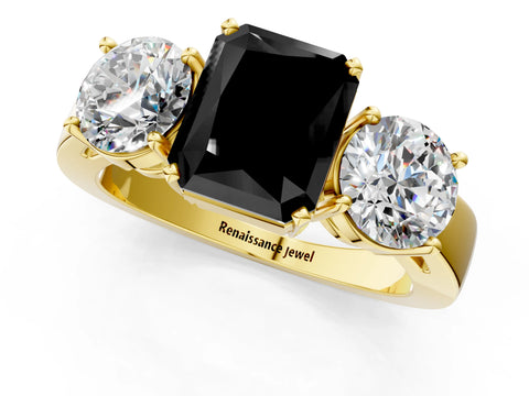 Yellow gold Three-Stone Fancy Black Radiant Cut Diamond Ring with Round Side Stones, Classic Band, and Four-Prong Setting_1