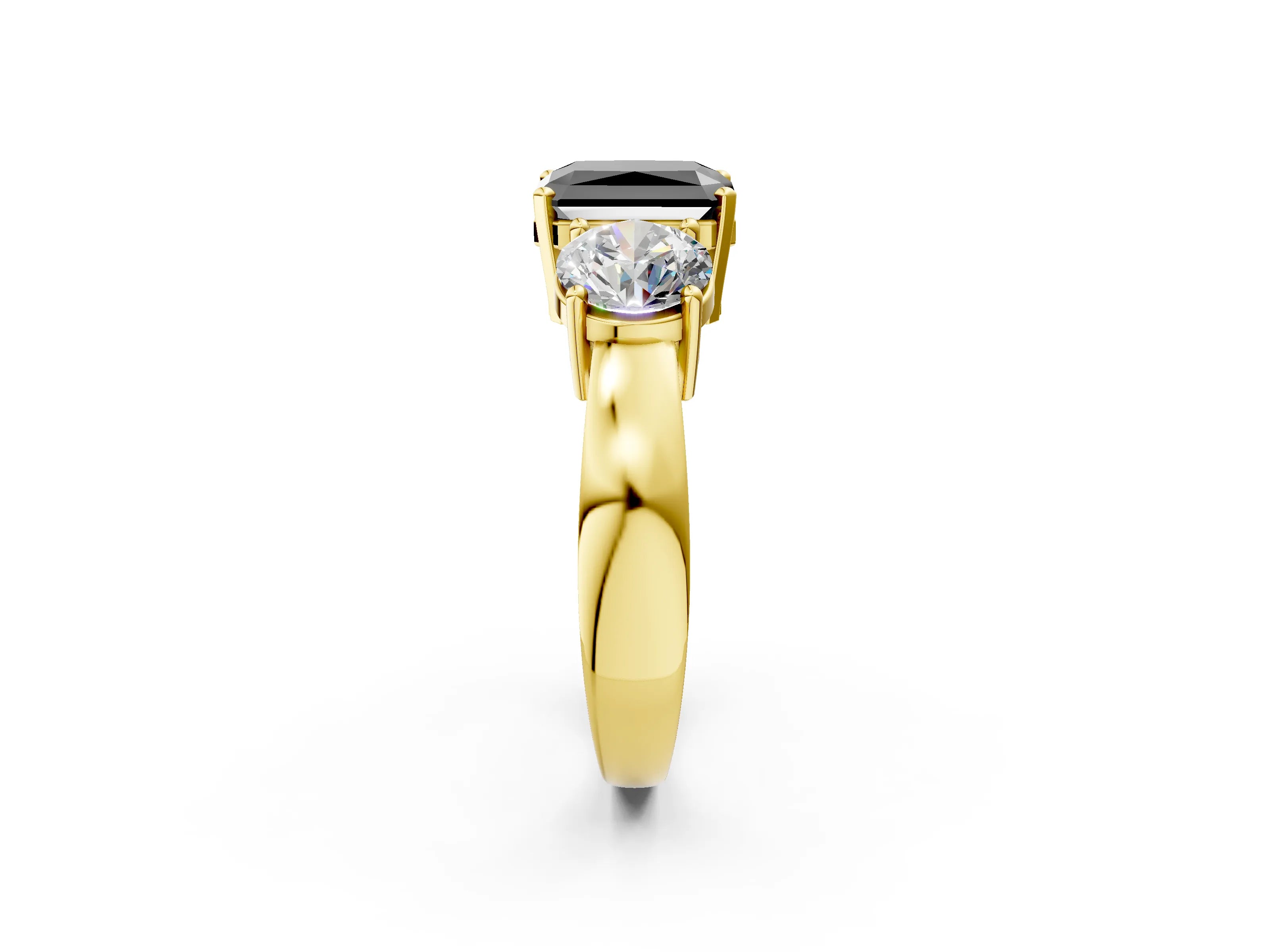 Yellow gold Three-Stone Fancy Black Radiant Cut Diamond Ring with Round Side Stones, Classic Band, and Four-Prong Setting_2