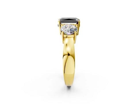 Yellow gold Three-Stone Fancy Black Radiant Cut Diamond Ring with Round Side Stones, Classic Band, and Four-Prong Setting_2