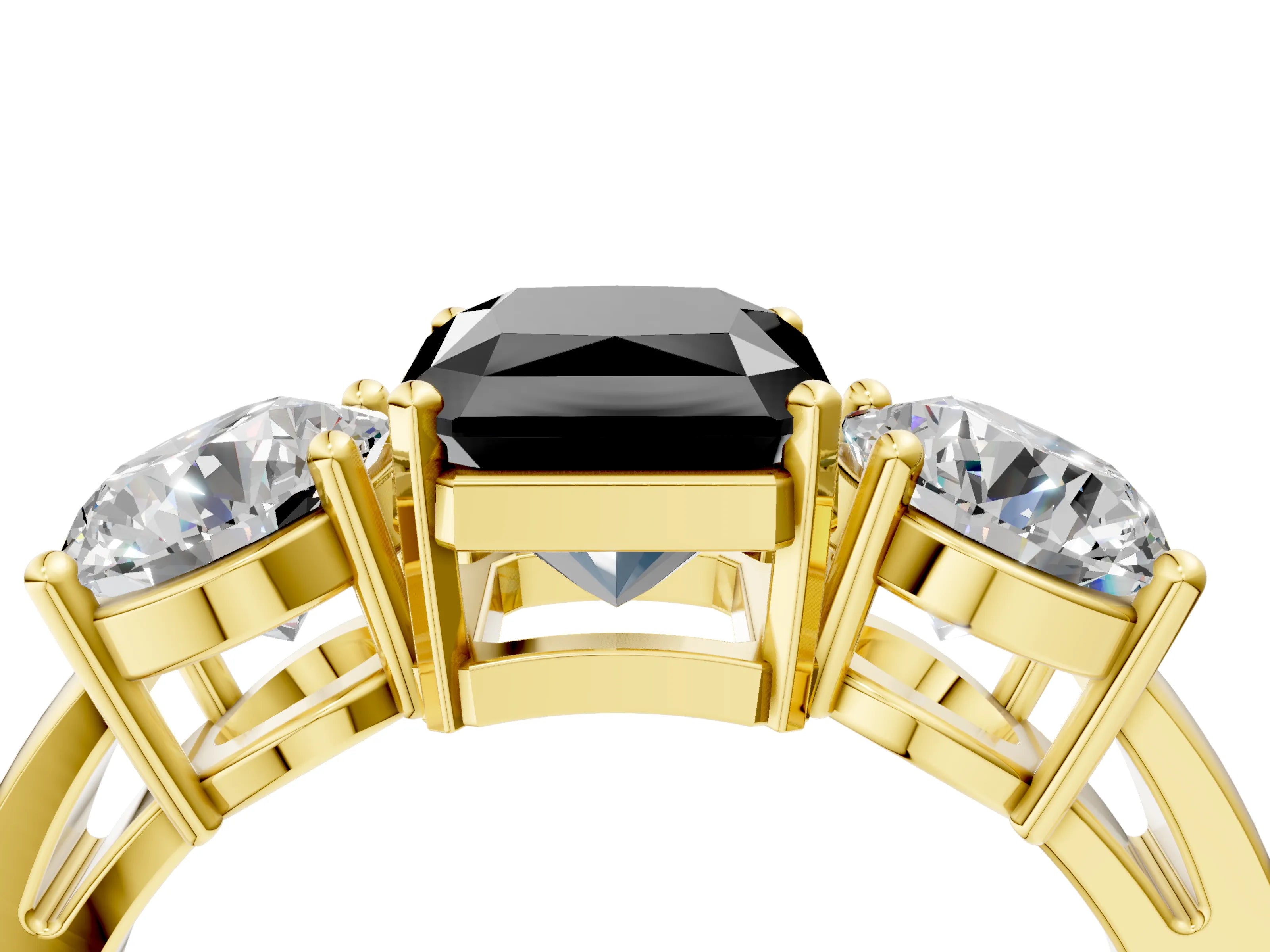 Yellow gold Three-Stone Fancy Black Radiant Cut Diamond Ring with Round Side Stones, Classic Band, and Four-Prong Setting_4