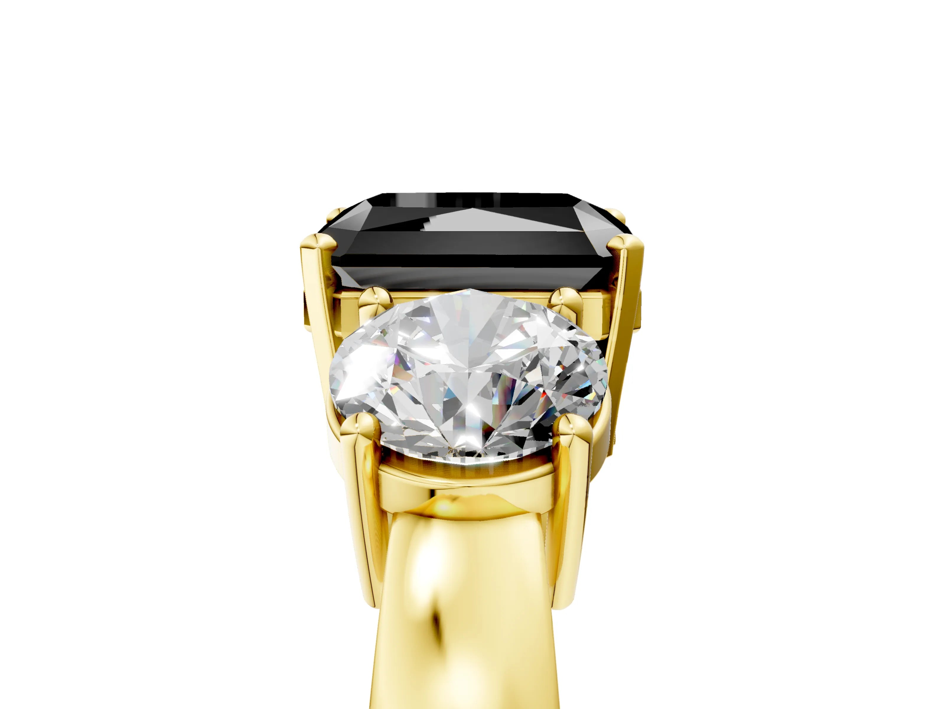 Yellow gold Three-Stone Fancy Black Radiant Cut Diamond Ring with Round Side Stones, Classic Band, and Four-Prong Setting_5