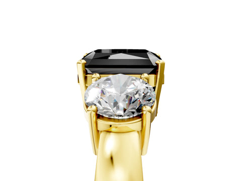 Yellow gold Three-Stone Fancy Black Radiant Cut Diamond Ring with Round Side Stones, Classic Band, and Four-Prong Setting_5