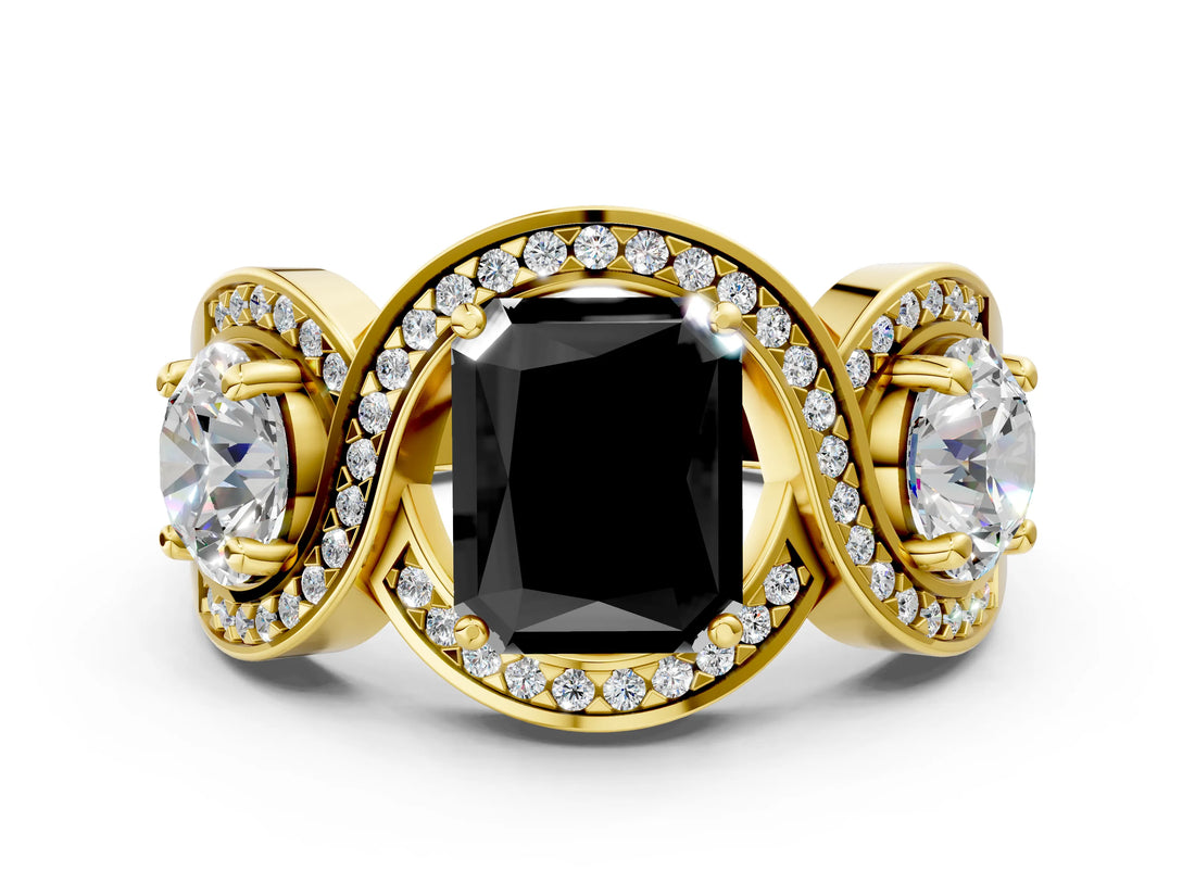 Yellow gold Three-Stone Fancy Black Radiant Cut Diamond Wave Pave Band with Prong Setting