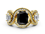 Yellow gold Three-Stone Fancy Black Radiant Cut Diamond Wave Pave Band with Prong Setting