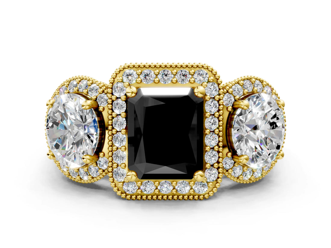 Yellow gold Three-Stone Fancy Black Radiant Cut Halo Diamond Milgrain Band with Four-Prong Setting
