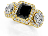 Yellow gold Three-Stone Fancy Black Radiant Cut Halo Diamond Milgrain Band with Four-Prong Setting_1