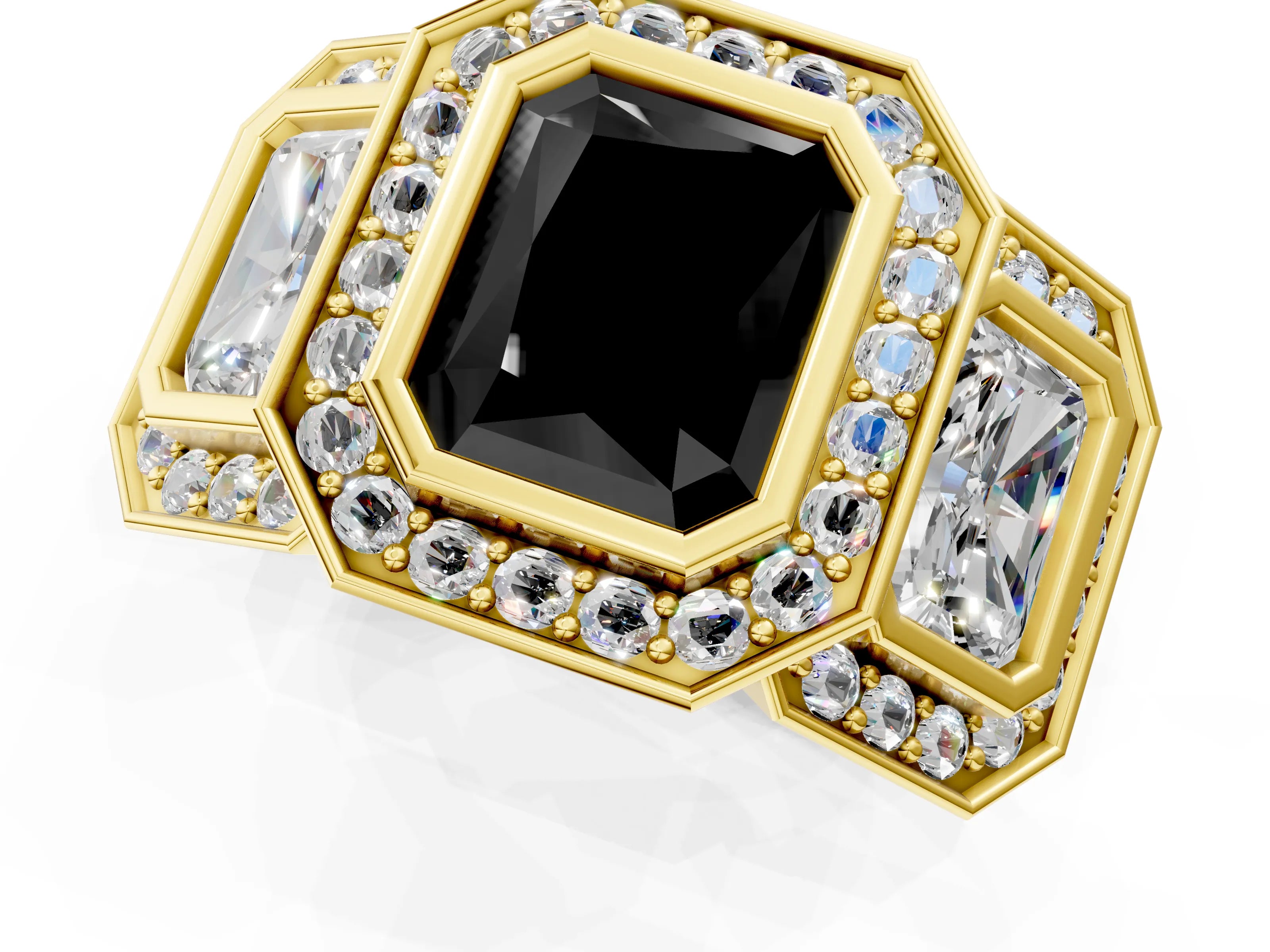 Yellow gold Three-Stone Fancy Black Radiant Cut Halo Pavé Diamond Ring_1