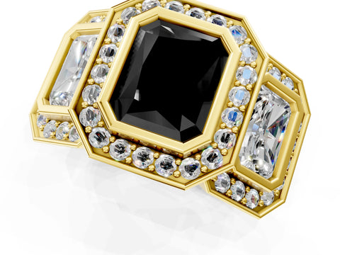 Yellow gold Three-Stone Fancy Black Radiant Cut Halo Pavé Diamond Ring_1