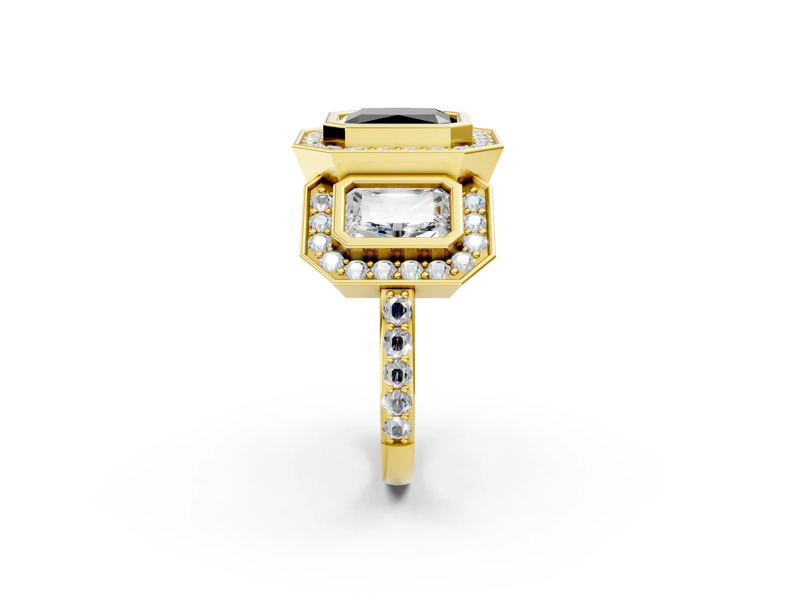 Yellow gold Three-Stone Fancy Black Radiant Cut Halo Pavé Diamond Ring_2