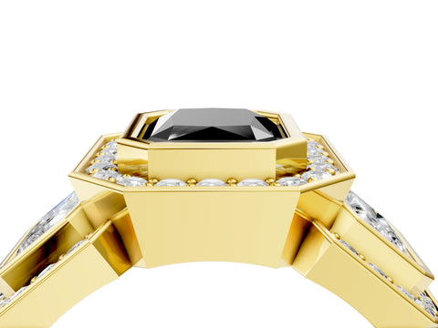Yellow gold Three-Stone Fancy Black Radiant Cut Halo Pavé Diamond Ring_4