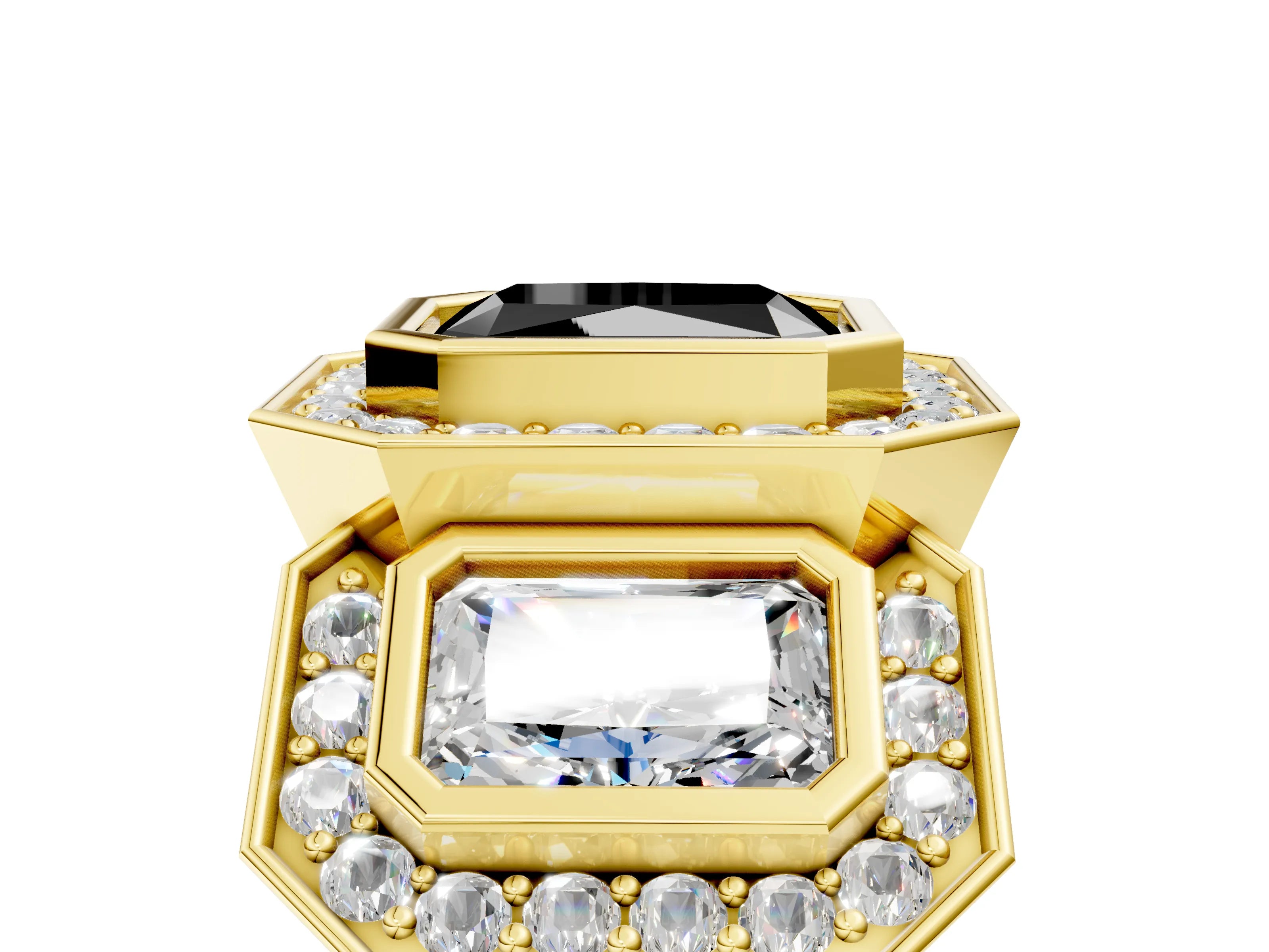 Yellow gold Three-Stone Fancy Black Radiant Cut Halo Pavé Diamond Ring_5