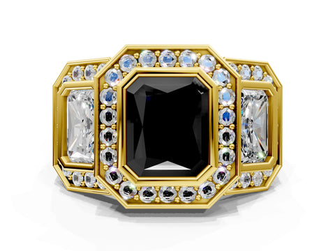 Yellow gold Three-Stone Fancy Black Radiant Cut Halo Pavé Diamond Ring