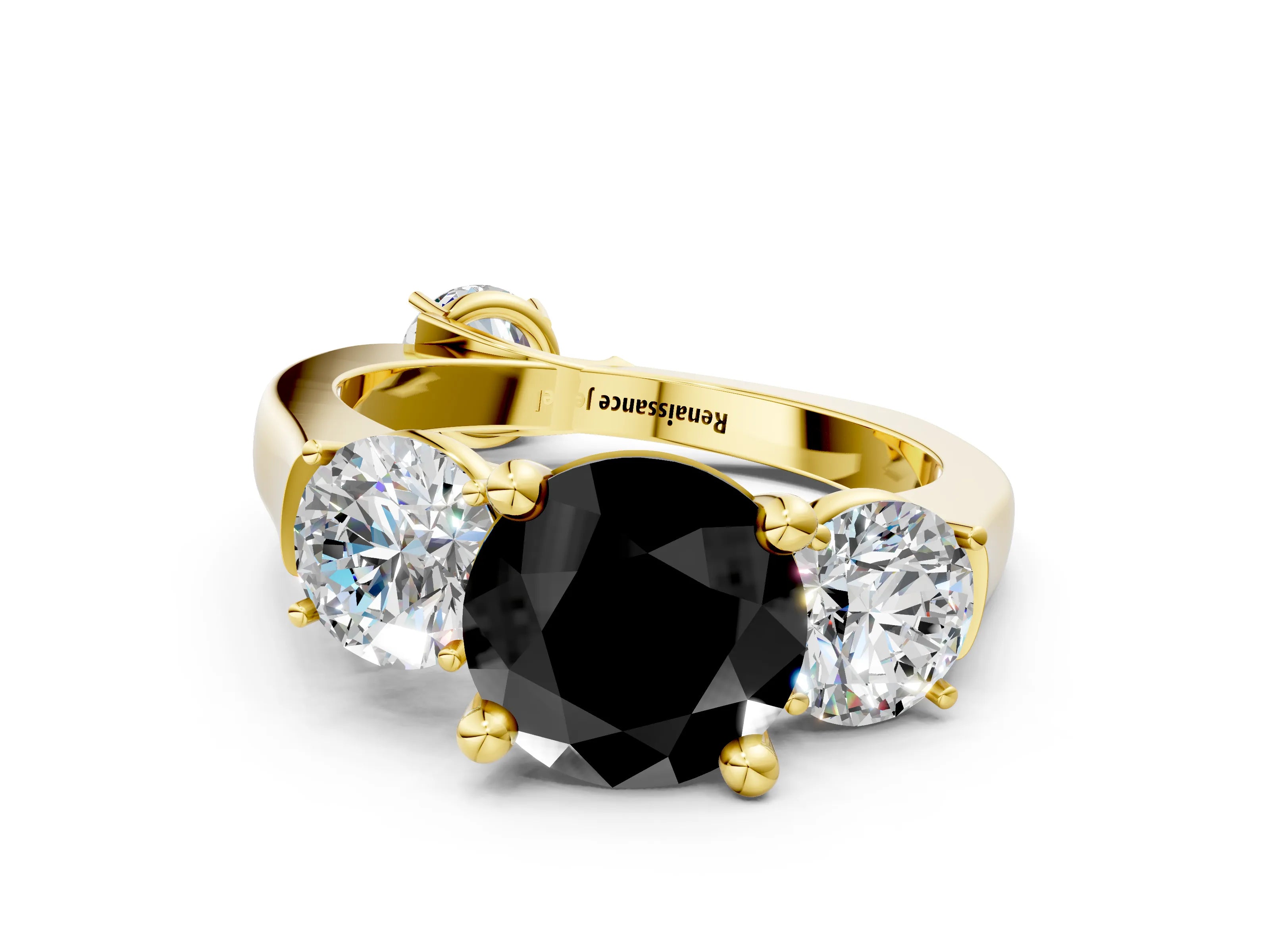 Yellow gold Three-Stone Fancy Black Round Cut Brilliant Diamond Trellis Ring with Comfort Fit Band