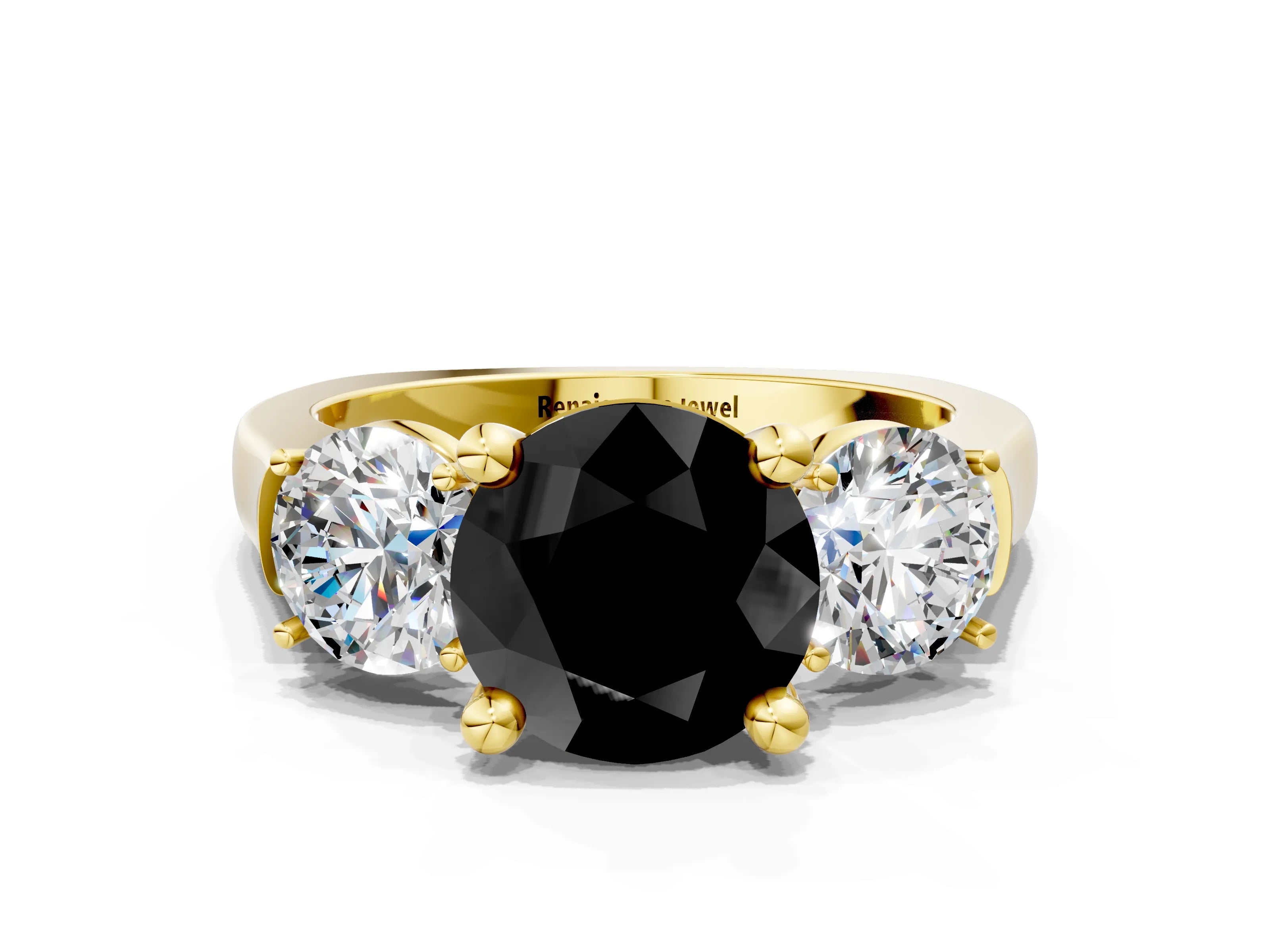 Yellow gold Three-Stone Fancy Black Round Cut Brilliant Diamond Trellis Ring with Comfort Fit Band_12