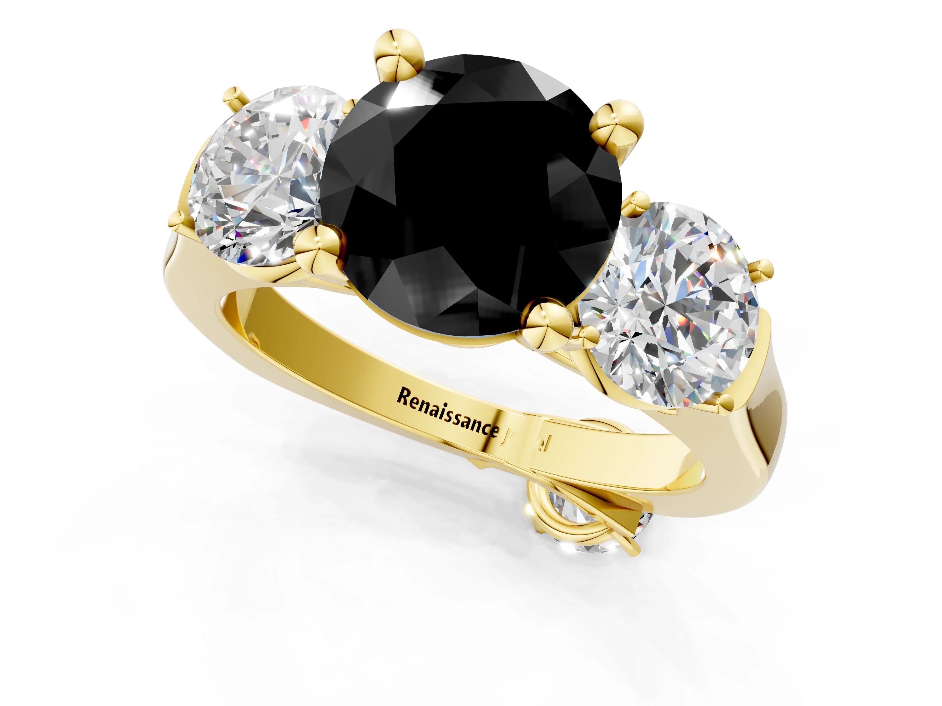 Yellow gold Three-Stone Fancy Black Round Cut Brilliant Diamond Trellis Ring with Comfort Fit Band_13
