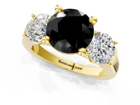 Yellow gold Three-Stone Fancy Black Round Cut Brilliant Diamond Trellis Ring with Comfort Fit Band_13
