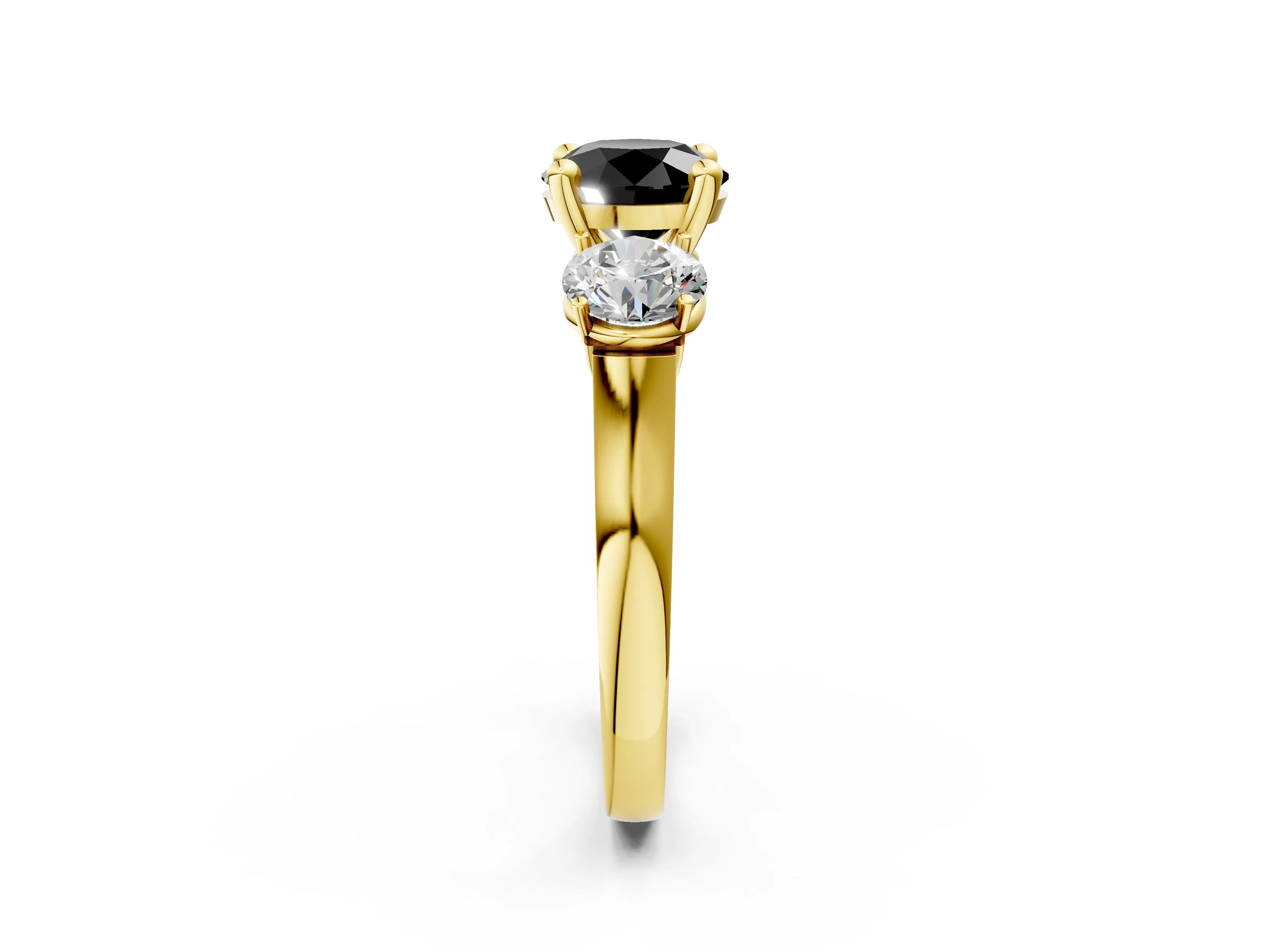 Yellow gold Three-Stone Fancy Black Round Cut Brilliant Diamond Trellis Ring with Comfort Fit Band_14