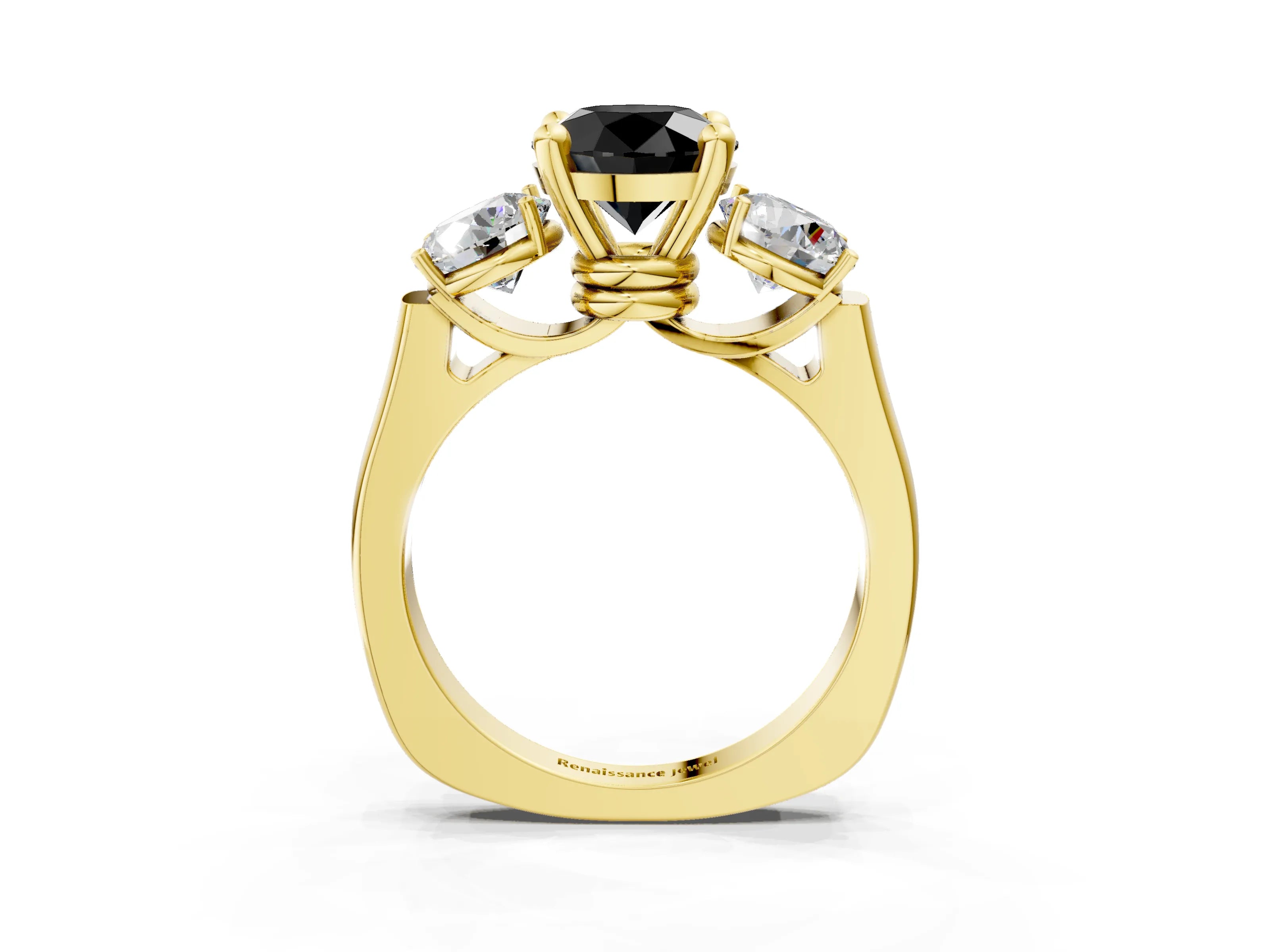 Yellow gold Three-Stone Fancy Black Round Cut Brilliant Diamond Trellis Ring with Comfort Fit Band_15